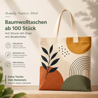 Baumwolltaschen ab 100 Stück Mit Druck All Over Mit Bodenfalte bedrucken