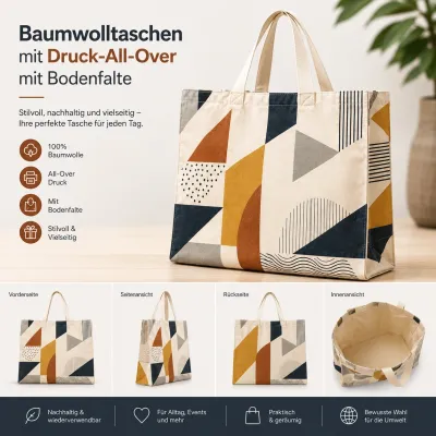 Baumwolltaschen Mit Druck All Over Mit Bodenfalte bedrucken