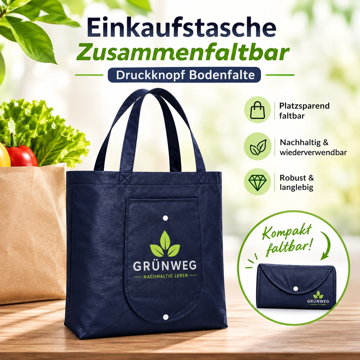 Einkaufstasche Zusammenfaltbar Druckknopf Bodenfalte ab 250 bedrucken